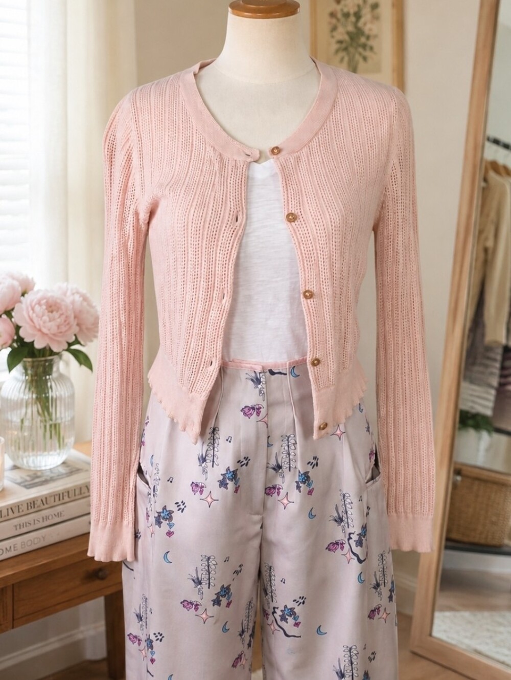 Frock Shop Soft Pink Cropped Pointelle Cardigan Womens M